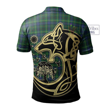 Stewart Hunting Modern Tartan Polo Shirt with Family Crest Celtic Wolf Style