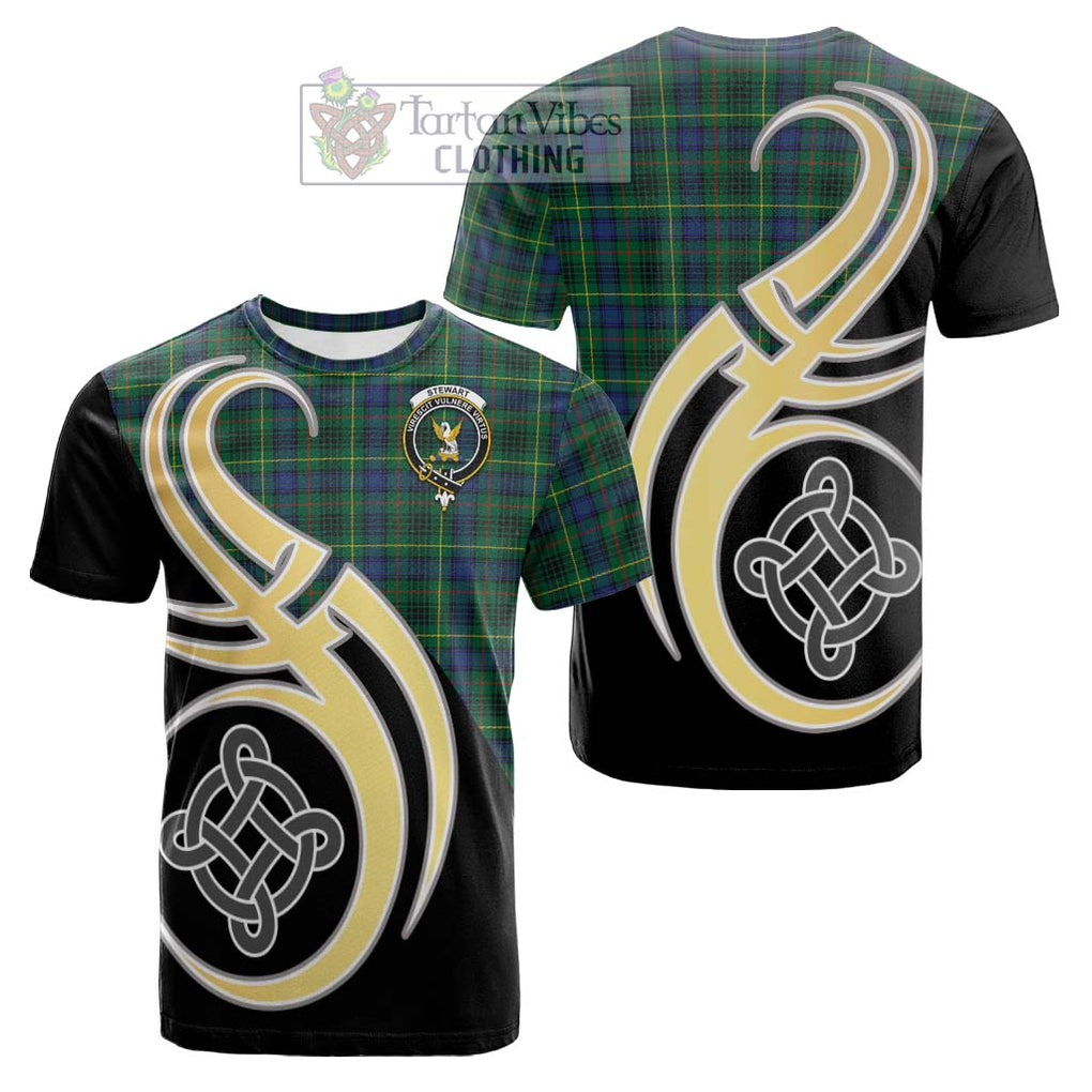 Tartan Vibes Clothing Stewart Hunting Modern Tartan Cotton T-shirt with Family Crest and Celtic Symbol Style