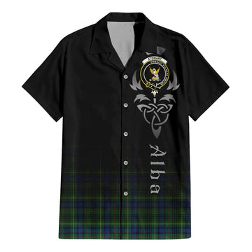 Stewart Hunting Modern Tartan Short Sleeve Button Up Shirt Featuring Alba Gu Brath Family Crest Celtic Inspired