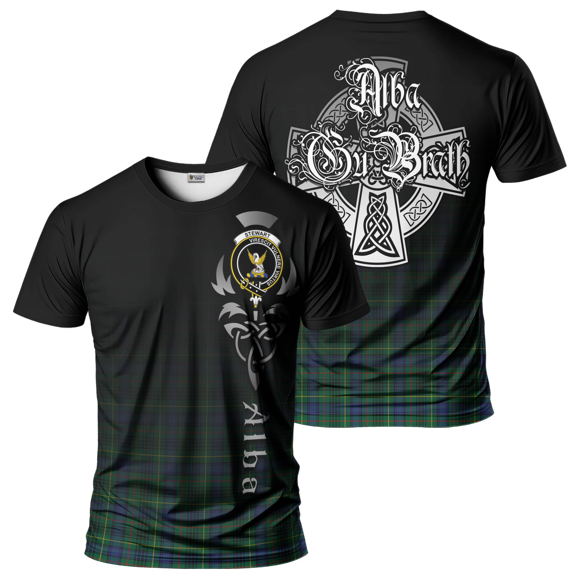 Tartan Vibes Clothing Stewart Hunting Modern Tartan T-Shirt Featuring Alba Gu Brath Family Crest Celtic Inspired