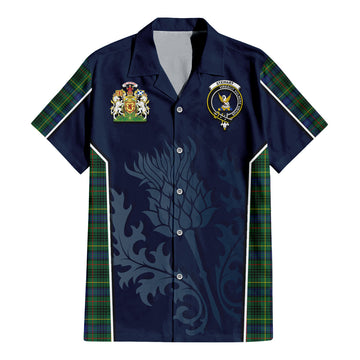 Stewart Hunting Modern Tartan Short Sleeve Button Up Shirt with Family Crest and Scottish Thistle Vibes Sport Style