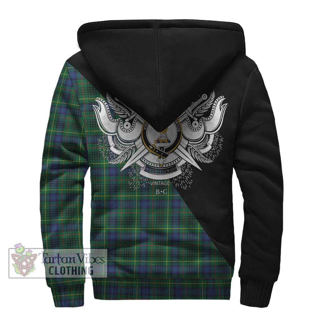 Stewart Hunting Modern Tartan Sherpa Hoodie with Family Crest and Military Logo Style - Tartanvibesclothing Shop