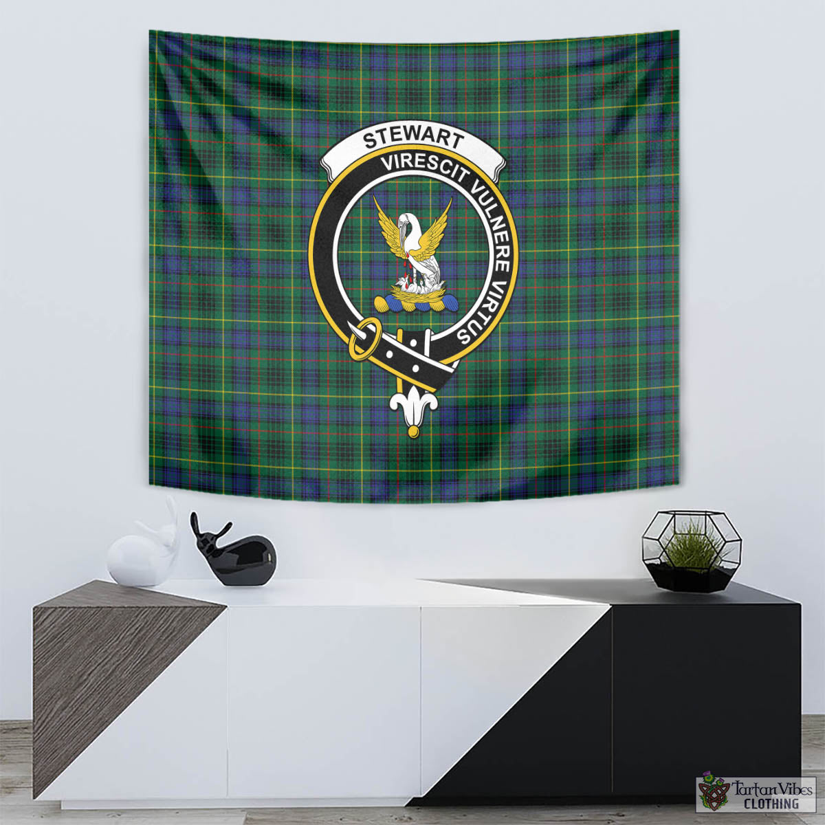 Tartan Vibes Clothing Stewart Hunting Modern Tartan Tapestry Wall Hanging and Home Decor for Room with Family Crest