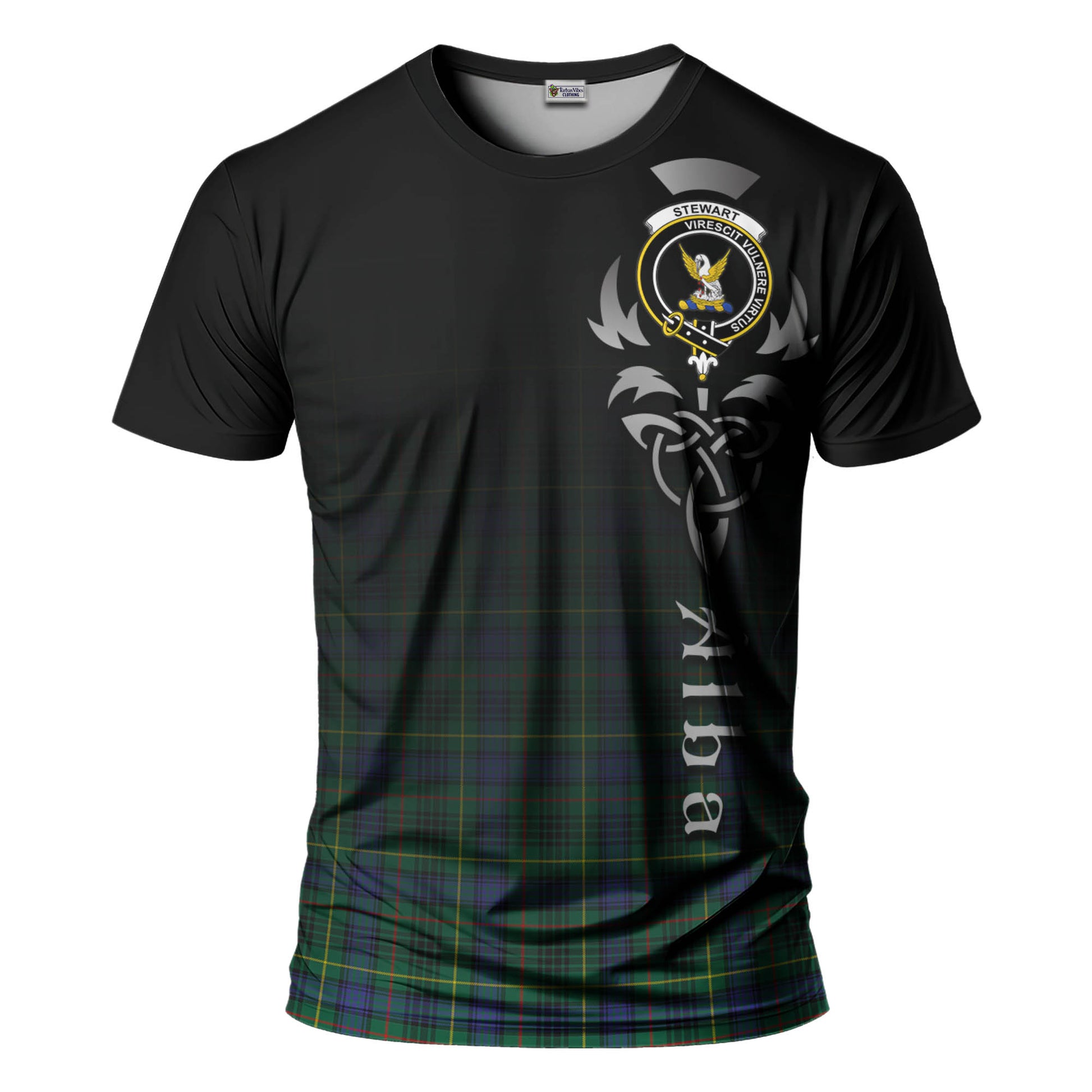 Tartan Vibes Clothing Stewart Hunting Modern Tartan T-Shirt Featuring Alba Gu Brath Family Crest Celtic Inspired