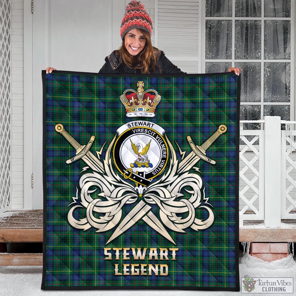 Tartan Vibes Clothing Stewart Hunting Modern Tartan Quilt with Clan Crest and the Golden Sword of Courageous Legacy