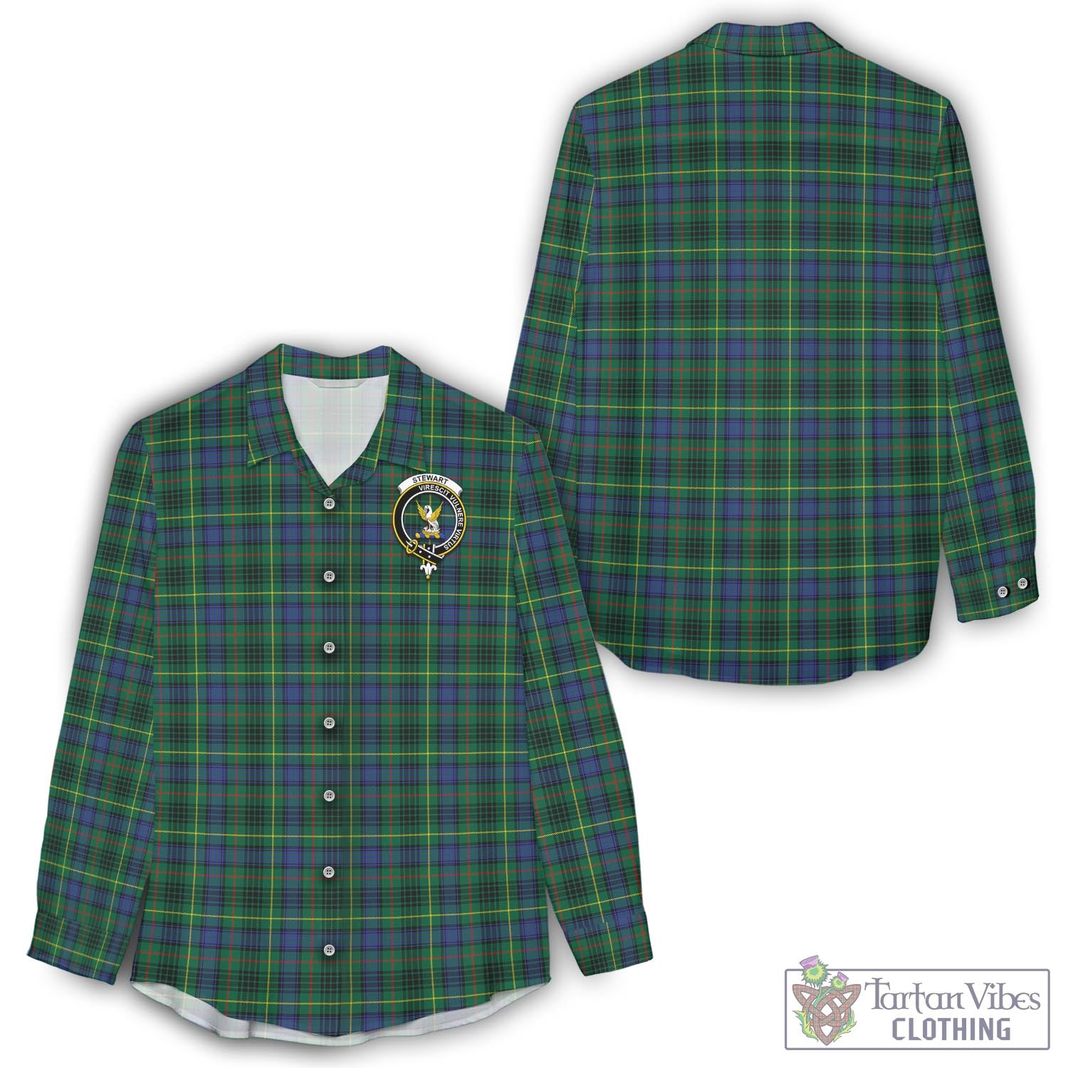 Tartan Vibes Clothing Stewart Hunting Modern Tartan Womens Casual Shirt with Family Crest