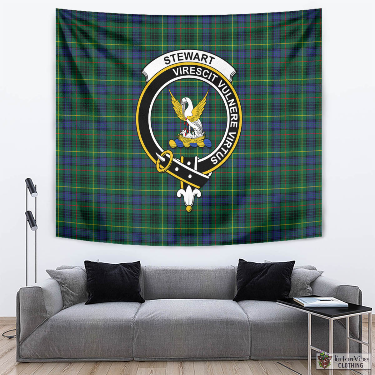 Tartan Vibes Clothing Stewart Hunting Modern Tartan Tapestry Wall Hanging and Home Decor for Room with Family Crest