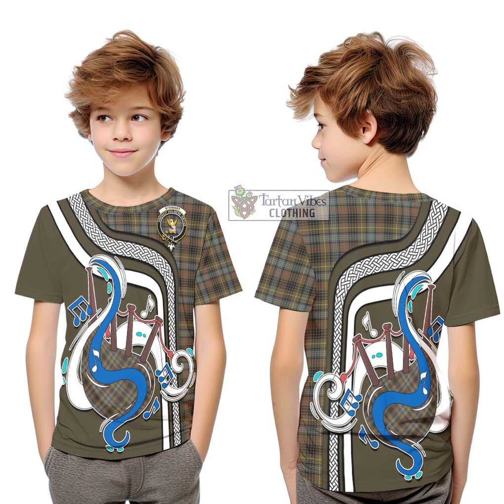 Tartan Vibes Clothing Stewart Hunting Weathered Tartan Kid T-Shirt with Epic Bagpipe Style