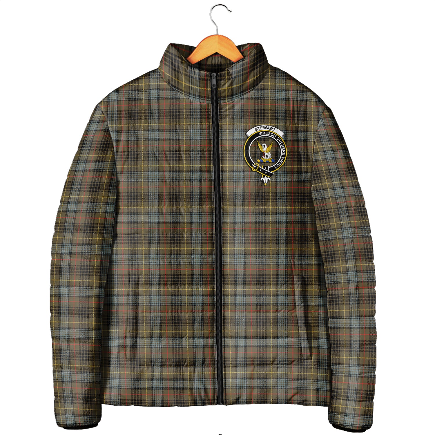 Stewart Hunting Weathered Tartan Padded Jacket with Family Crest Men's Padded Jacket - Tartan Vibes Clothing