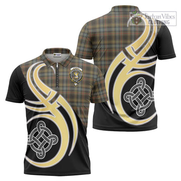 Stewart Hunting Weathered Tartan Zipper Polo Shirt with Family Crest and Celtic Symbol Style