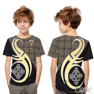 Stewart Hunting Weathered Tartan Kid T-Shirt with Family Crest and Celtic Symbol Style