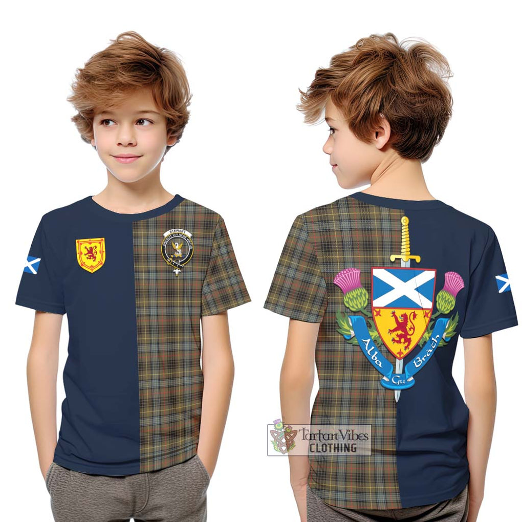 Tartan Vibes Clothing Stewart Hunting Weathered Tartan Kid T-Shirt with Scottish Lion Royal Arm Half Style