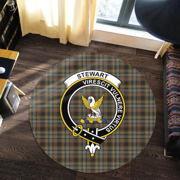 Stewart Hunting Weathered Tartan Round Rug with Family Crest