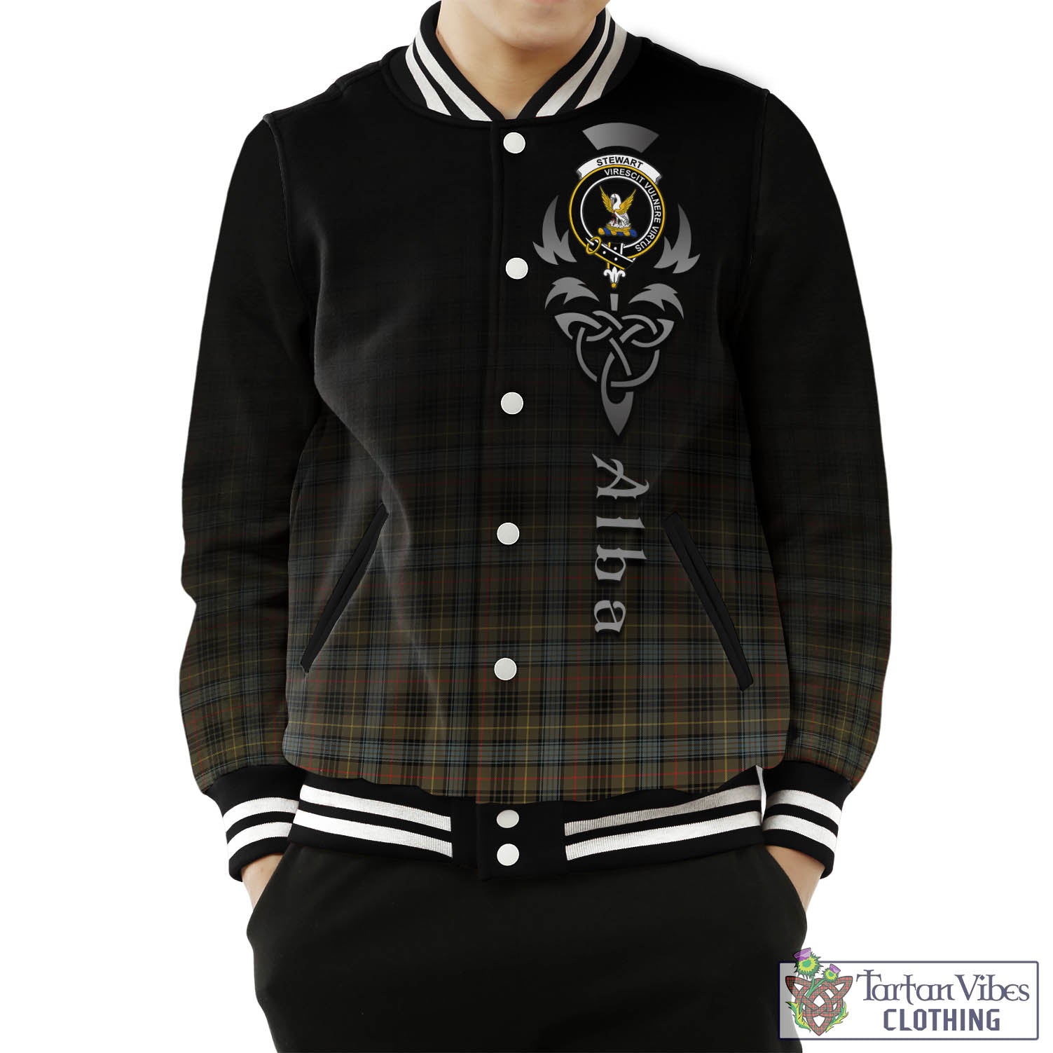 Tartan Vibes Clothing Stewart Hunting Weathered Tartan Baseball Jacket Featuring Alba Gu Brath Family Crest Celtic Inspired