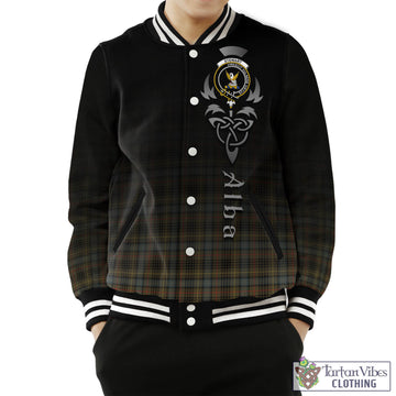 Stewart Hunting Weathered Tartan Baseball Jacket Featuring Alba Gu Brath Family Crest Celtic Inspired