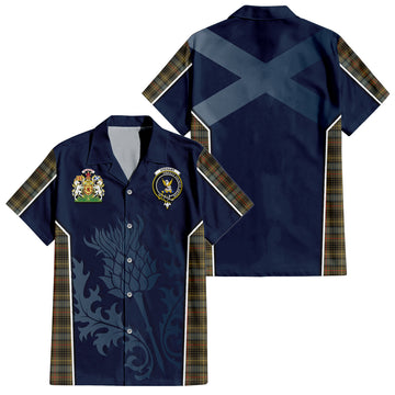 Stewart Hunting Weathered Tartan Short Sleeve Button Up Shirt with Family Crest and Scottish Thistle Vibes Sport Style