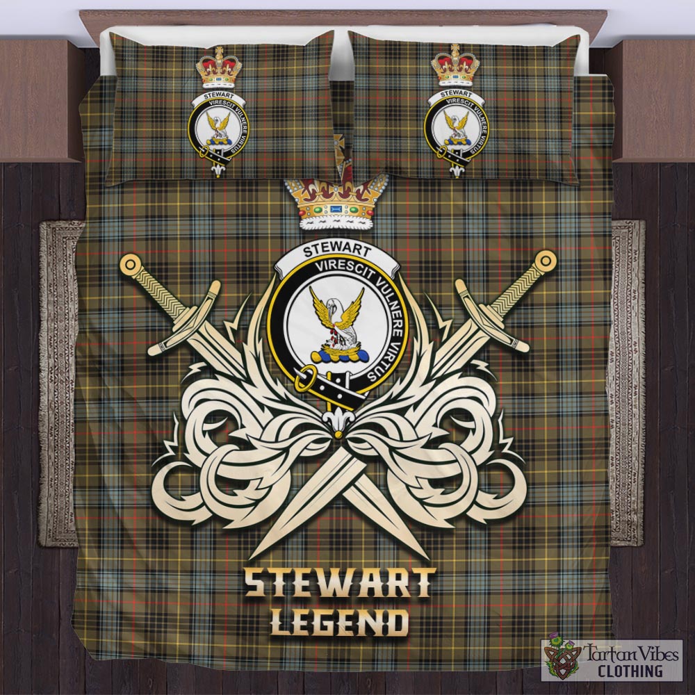 Tartan Vibes Clothing Stewart Hunting Weathered Tartan Bedding Set with Clan Crest and the Golden Sword of Courageous Legacy