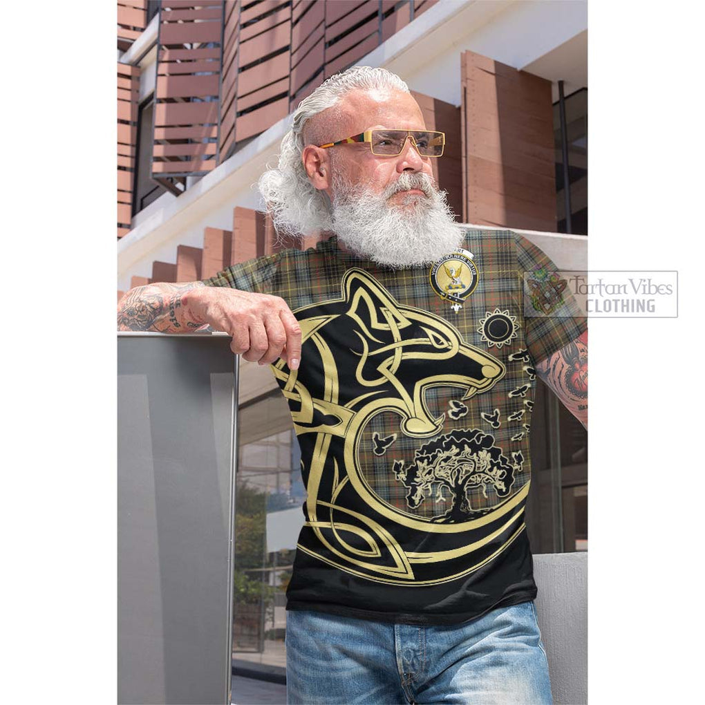 Tartan Vibes Clothing Stewart Hunting Weathered Tartan Cotton T-shirt with Family Crest Celtic Wolf Style