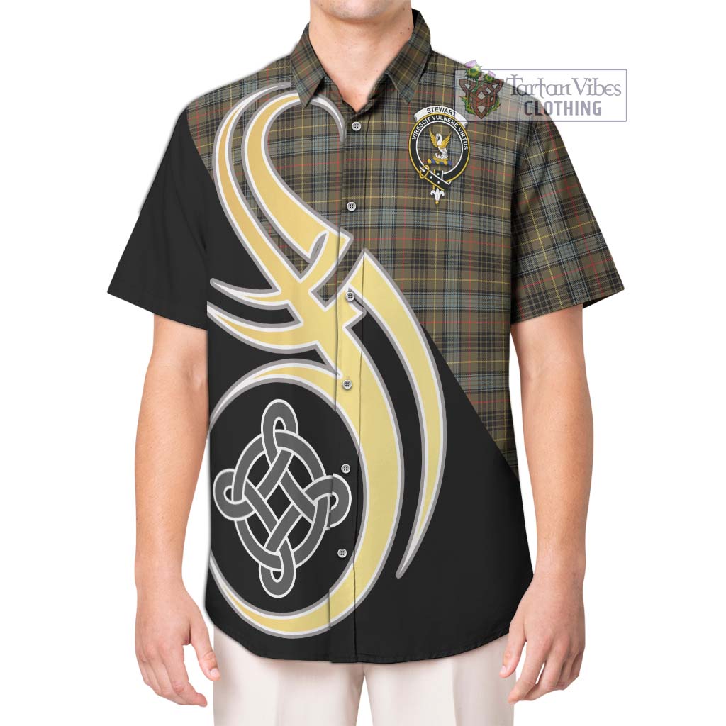 Stewart Hunting Weathered Tartan Short Sleeve Button Shirt with Family Crest and Celtic Symbol Style Kid - Tartan Vibes Clothing