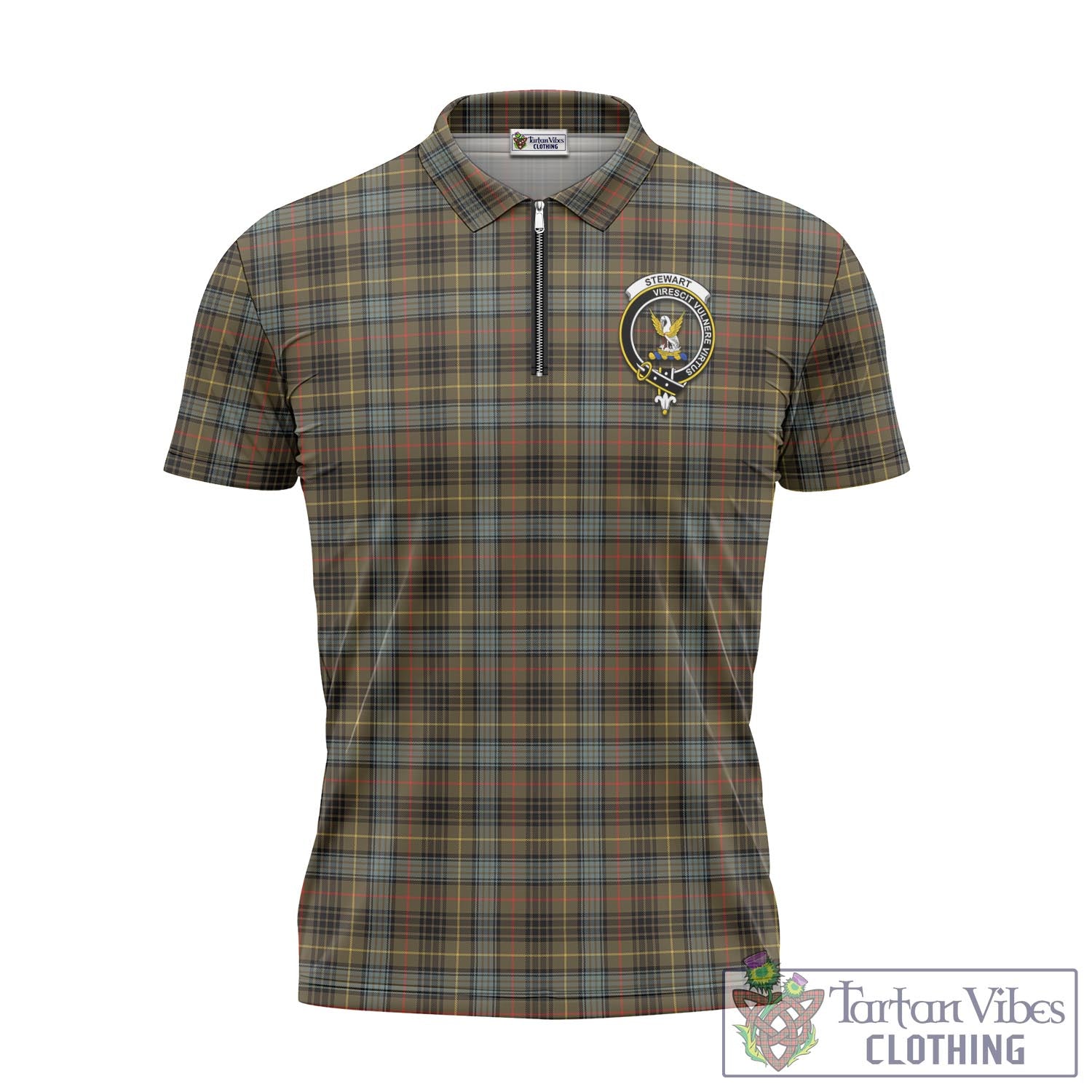 Tartan Vibes Clothing Stewart Hunting Weathered Tartan Zipper Polo Shirt with Family Crest