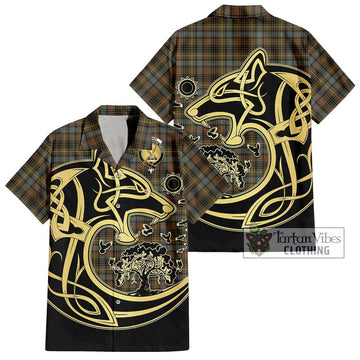 Stewart Hunting Weathered Tartan Short Sleeve Button Shirt with Family Crest Celtic Wolf Style