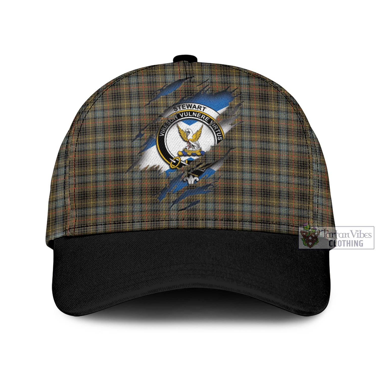 Tartan Vibes Clothing Stewart Hunting Weathered Tartan Classic Cap with Family Crest In Me Style