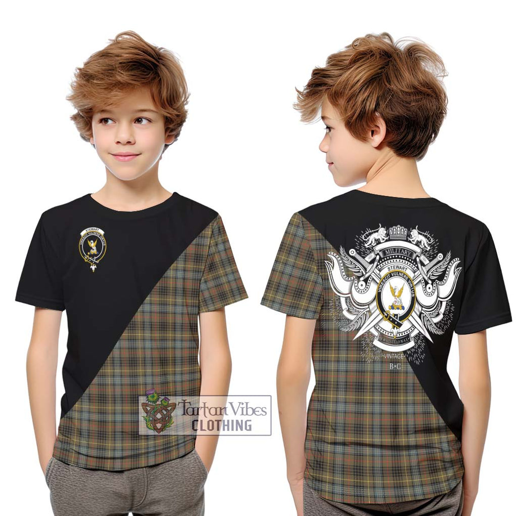 Stewart Hunting Weathered Tartan Kid T-Shirt with Family Crest and Military Logo Style Youth XL Size14 - Tartanvibesclothing Shop