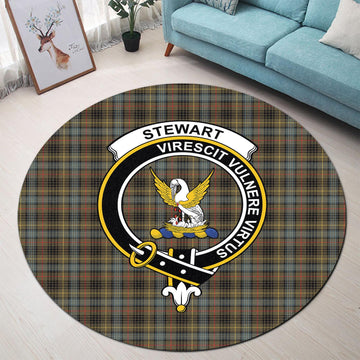 Stewart Hunting Weathered Tartan Round Rug with Family Crest