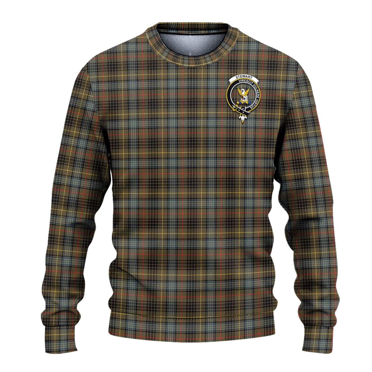 Stewart Hunting Weathered Tartan Knitted Sweater with Family Crest - Tartanvibesclothing