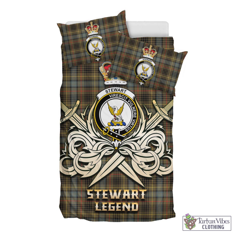 Tartan Vibes Clothing Stewart Hunting Weathered Tartan Bedding Set with Clan Crest and the Golden Sword of Courageous Legacy