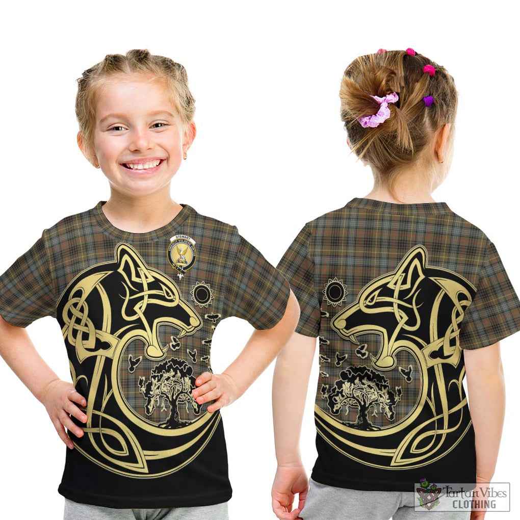 Stewart Hunting Weathered Tartan Kid T-Shirt with Family Crest Celtic Wolf Style - Tartan Vibes Clothing