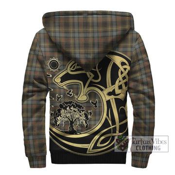 Stewart Hunting Weathered Tartan Sherpa Hoodie with Family Crest Celtic Wolf Style