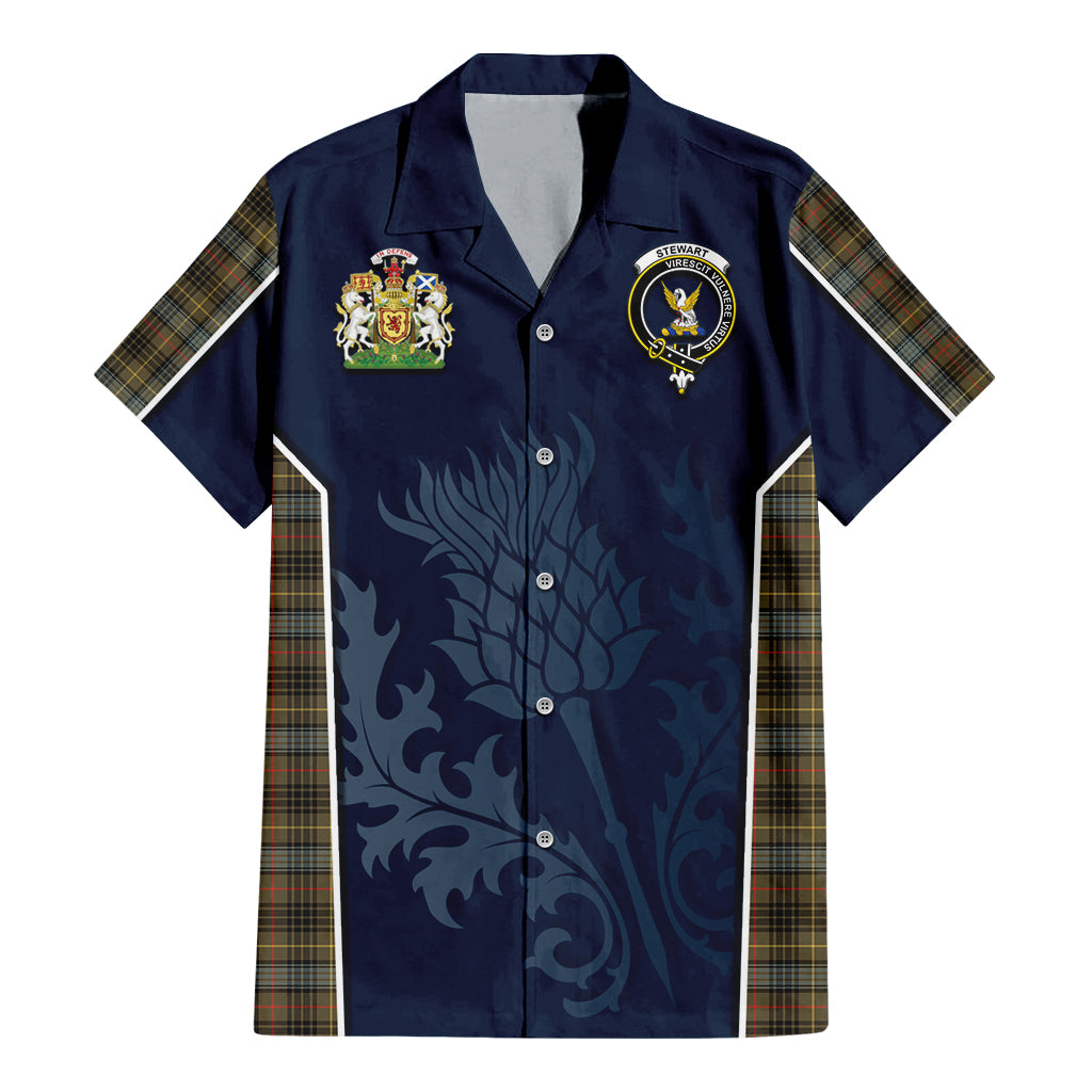 Tartan Vibes Clothing Stewart Hunting Weathered Tartan Short Sleeve Button Up Shirt with Family Crest and Scottish Thistle Vibes Sport Style