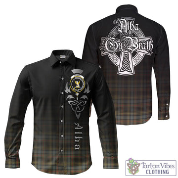 Stewart Hunting Weathered Tartan Long Sleeve Button Up Featuring Alba Gu Brath Family Crest Celtic Inspired