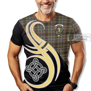 Stewart Hunting Weathered Tartan T-Shirt with Family Crest and Celtic Symbol Style