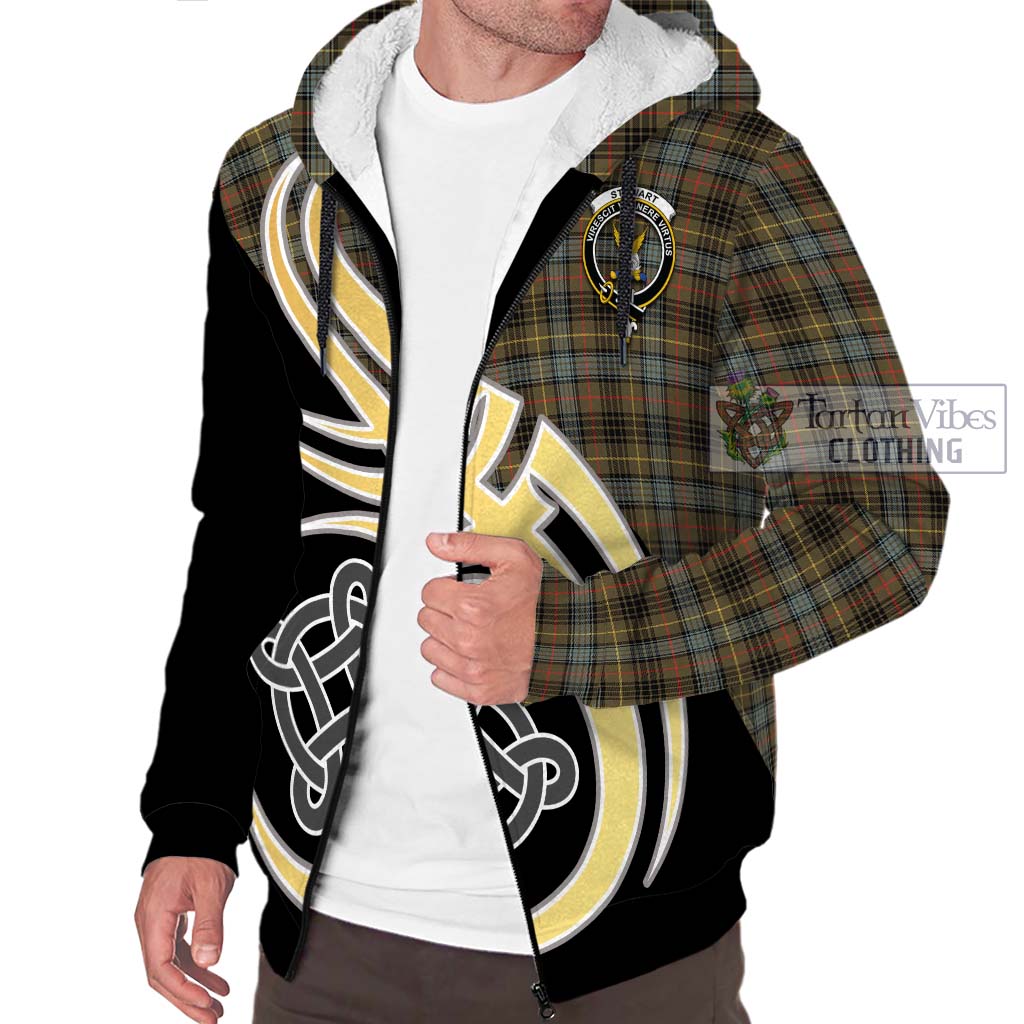 Stewart Hunting Weathered Tartan Sherpa Hoodie with Family Crest and Celtic Symbol Style - Tartan Vibes Clothing