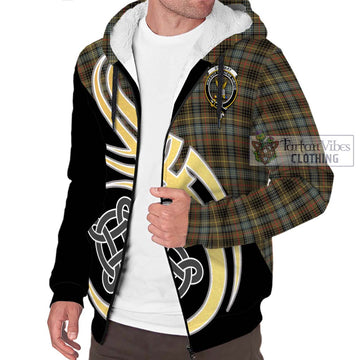 Stewart Hunting Weathered Tartan Sherpa Hoodie with Family Crest and Celtic Symbol Style