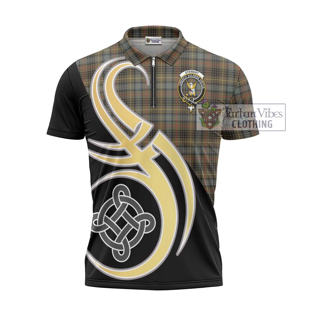 Tartan Vibes Clothing Stewart Hunting Weathered Tartan Zipper Polo Shirt with Family Crest and Celtic Symbol Style