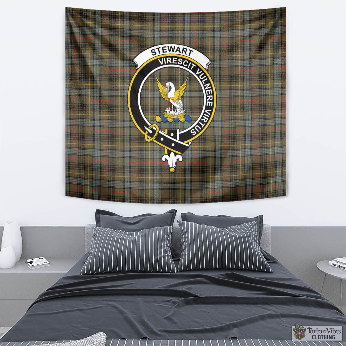 Tartan Vibes Clothing Stewart Hunting Weathered Tartan Tapestry Wall Hanging and Home Decor for Room with Family Crest