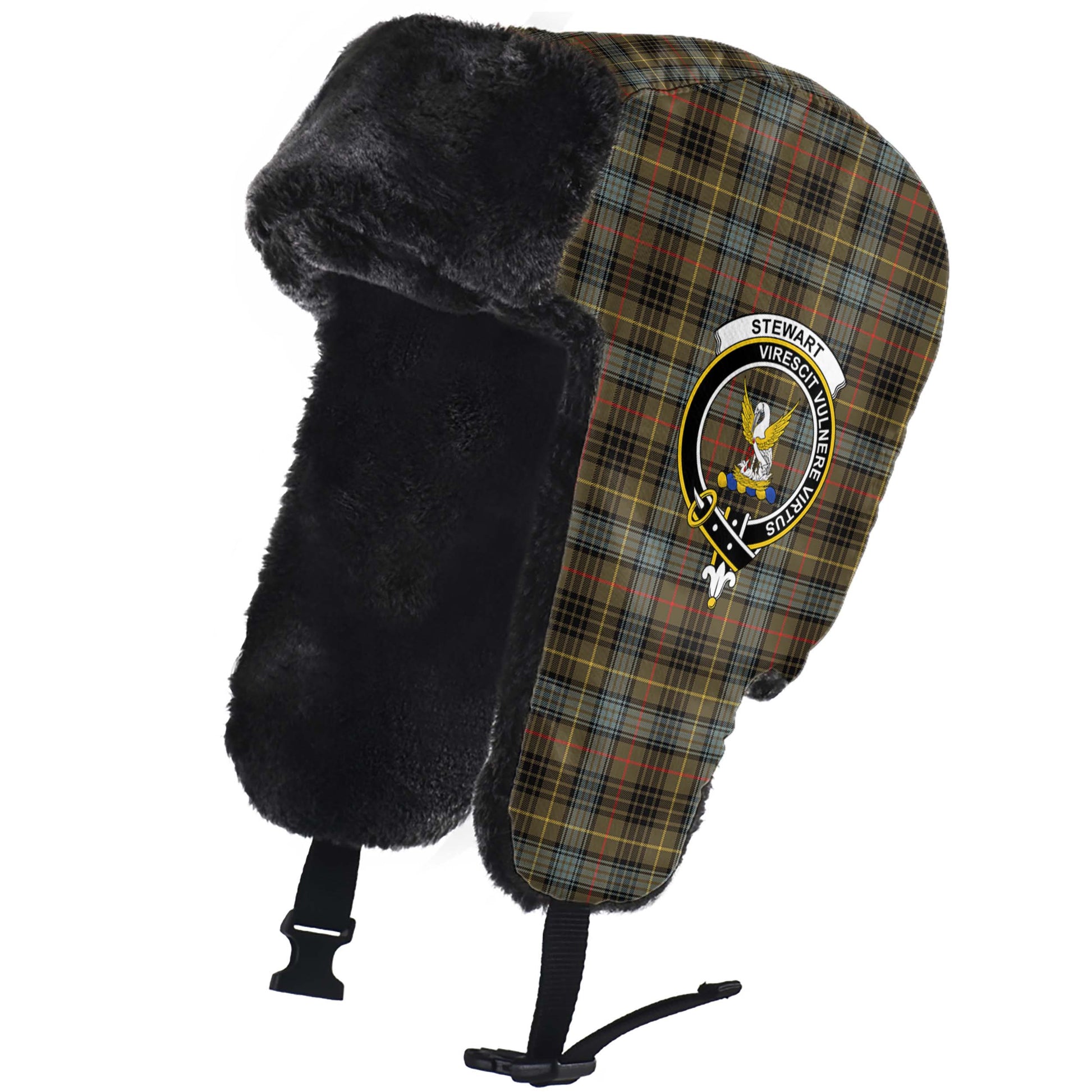 Stewart Hunting Weathered Tartan Winter Trapper Hat with Family Crest - Tartanvibesclothing