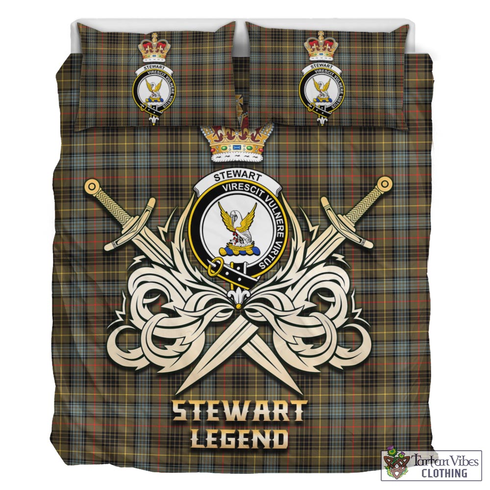 Tartan Vibes Clothing Stewart Hunting Weathered Tartan Bedding Set with Clan Crest and the Golden Sword of Courageous Legacy