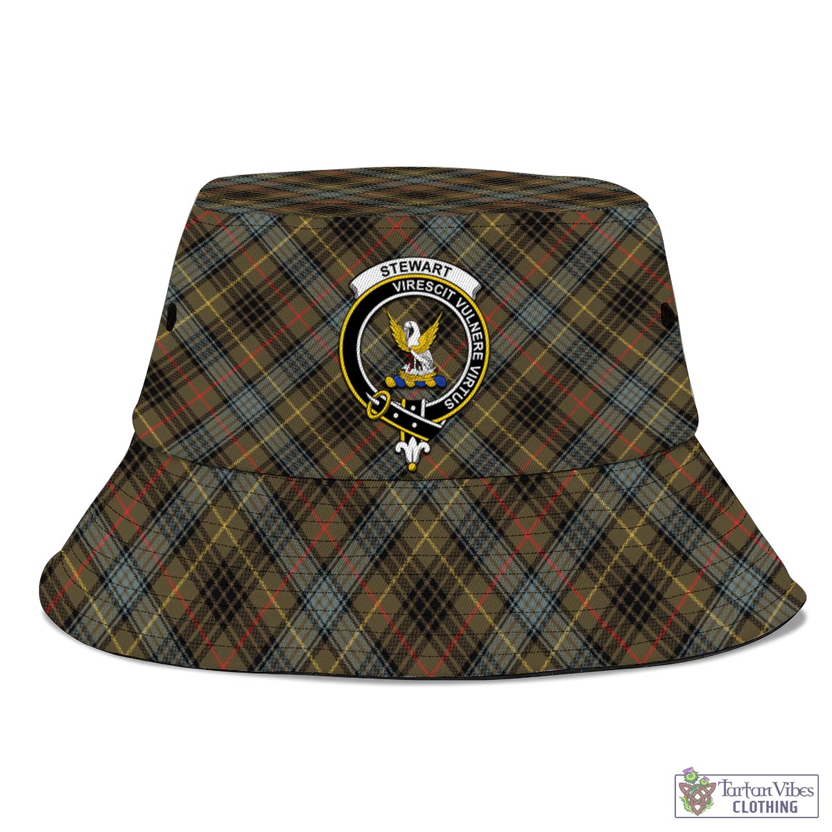 Tartan Vibes Clothing Stewart Hunting Weathered Tartan Bucket Hat with Family Crest