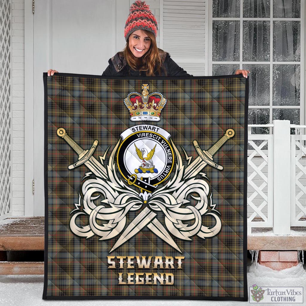 Tartan Vibes Clothing Stewart Hunting Weathered Tartan Quilt with Clan Crest and the Golden Sword of Courageous Legacy