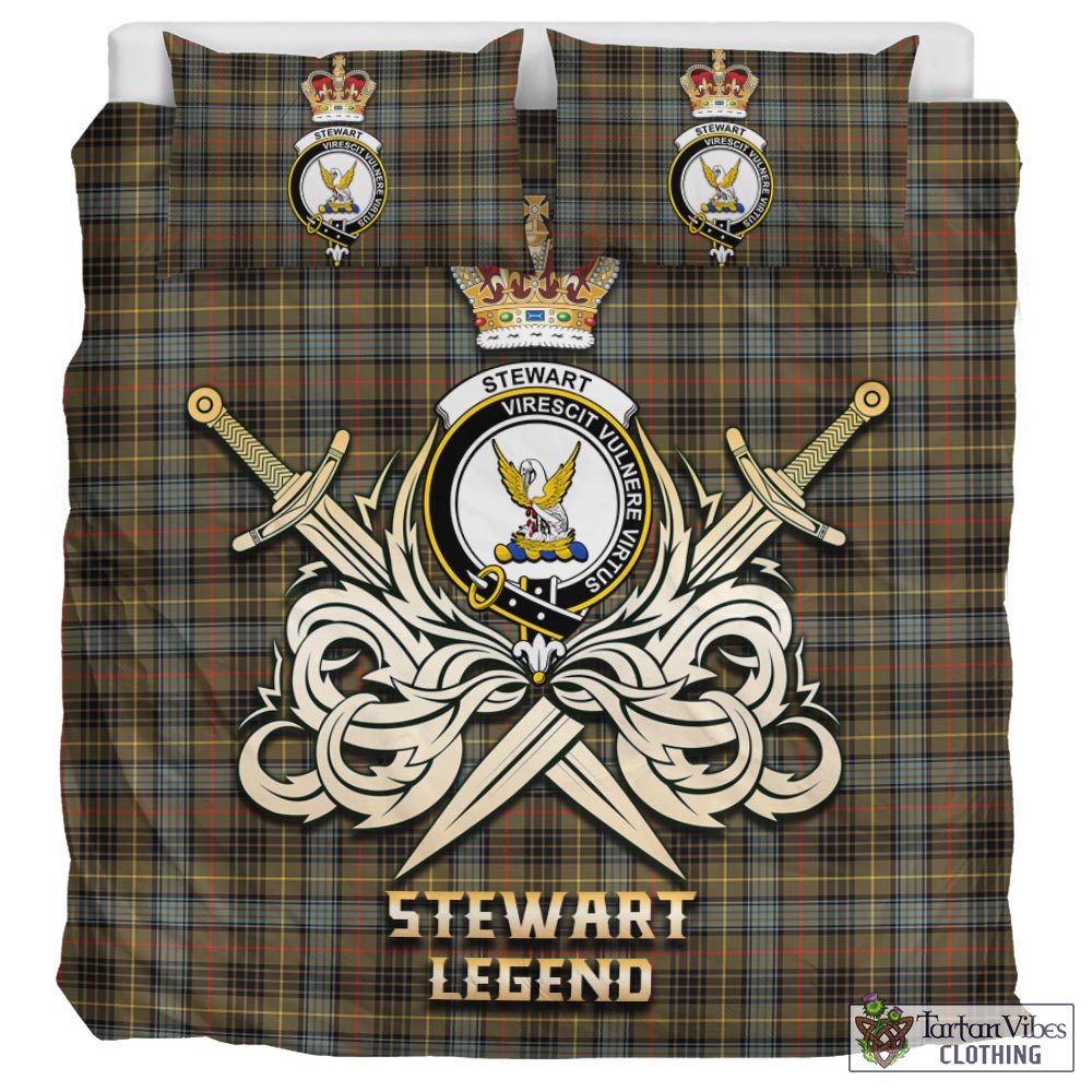 Tartan Vibes Clothing Stewart Hunting Weathered Tartan Bedding Set with Clan Crest and the Golden Sword of Courageous Legacy