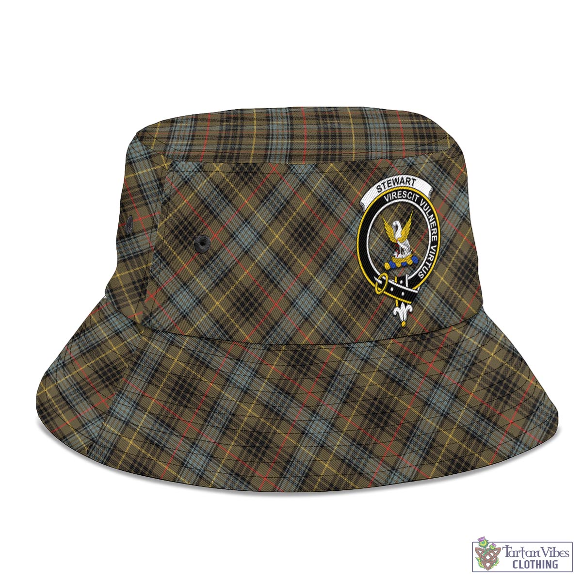 Tartan Vibes Clothing Stewart Hunting Weathered Tartan Bucket Hat with Family Crest