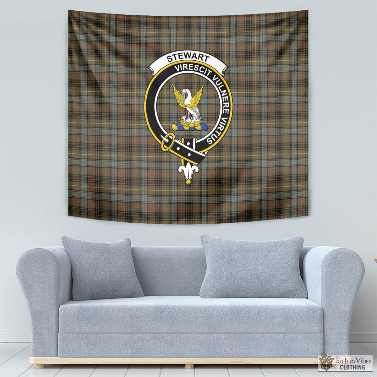 Tartan Vibes Clothing Stewart Hunting Weathered Tartan Tapestry Wall Hanging and Home Decor for Room with Family Crest