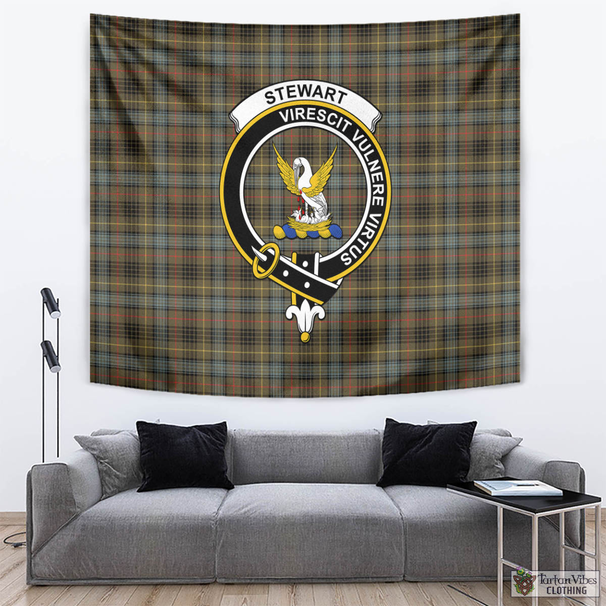 Tartan Vibes Clothing Stewart Hunting Weathered Tartan Tapestry Wall Hanging and Home Decor for Room with Family Crest