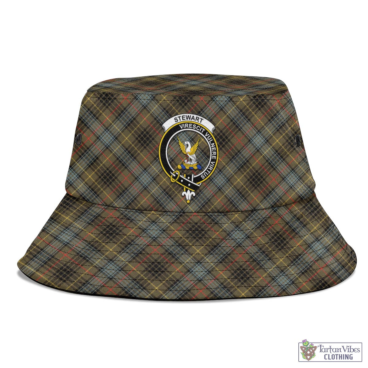 Tartan Vibes Clothing Stewart Hunting Weathered Tartan Bucket Hat with Family Crest