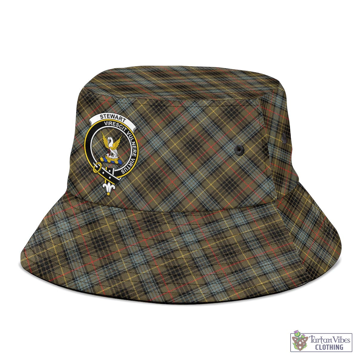 Tartan Vibes Clothing Stewart Hunting Weathered Tartan Bucket Hat with Family Crest