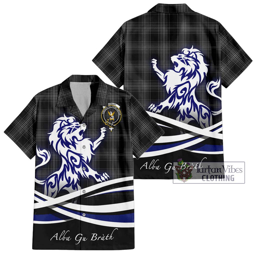 Stewart Mourning Tartan Short Sleeve Button Shirt with Alba Gu Brath Regal Lion Emblem Kid - Tartanvibesclothing Shop